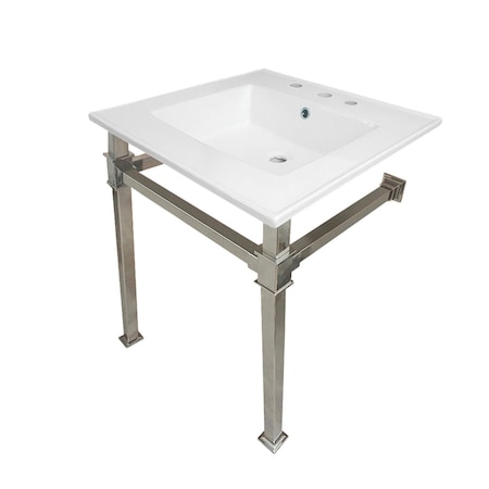 Kingston Brass KVPB25228Q6 25-Inch Ceramic Console Sink (8" Faucet Drilling), White/Polished Nickel KVPB25228Q6